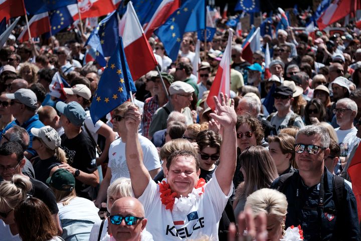 Hundreds of thousands of citizens participate in a pro-democratic march in Warsaw, Poland, on June 4, 2023. The march was led by former Polish Prime Minister and European Council President Donald Tusk, who is also a leader of democratic opposition in Poland. The march took place on the anniversary of Poland's first democratic election on June 4, 1989.