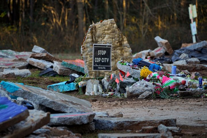 A makeshift memorial for environmental activist Manuel Terán, who was deadly assaulted by law enforcement during a raid to clear the construction site of a police training facility that activists have nicknamed "Cop City" near Atlanta, Georgia on Feb. 6.