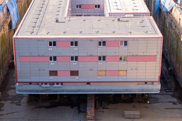 The Bibby Stockholm accommodation barge at Falmouth docks in Cornwall.