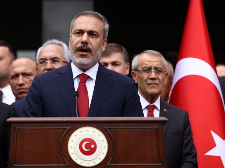 Turkey's newly appointed Foreign Minister Hakan Fidan speaks during a handover ceremony in Ankara, Turkey June 5, 2023. REUTERS/Cagla Gurdogan