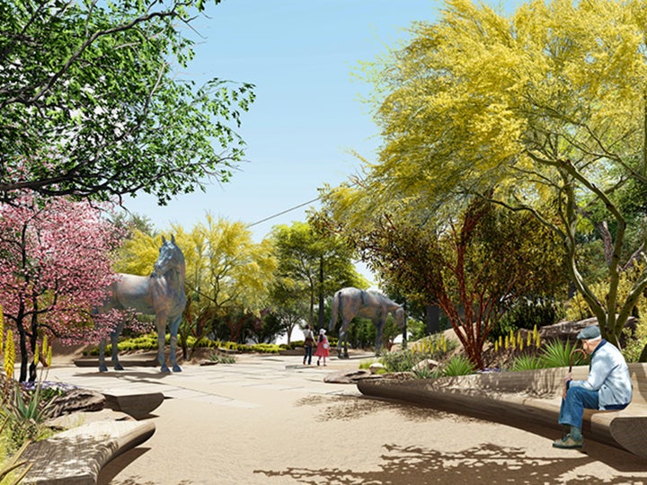 This rendering provided by Clark County on June 2, 2023, shows one of five potential designs for a permanent memorial to be built on the Las Vegas Strip in honor of the victims, survivors and first responders of the Oct. 1, 2017, mass shooting that left 60 dead and hundreds more injured at a country music festival in Las Vegas.