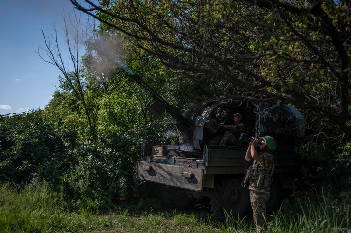 Ukrainian soldiers fire at the Russian air target on the frontline near Bakhmut, in the Donetsk region, Ukraine, on Monday.