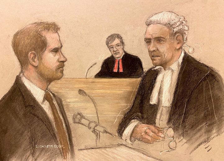 Court artist sketch by Elizabeth Cook of the Duke of Sussex being cross examined by Andrew Green KC, as he gives evidence at the Rolls Buildings in central London during the phone hacking trial against Mirror Group Newspapers (MGN). 