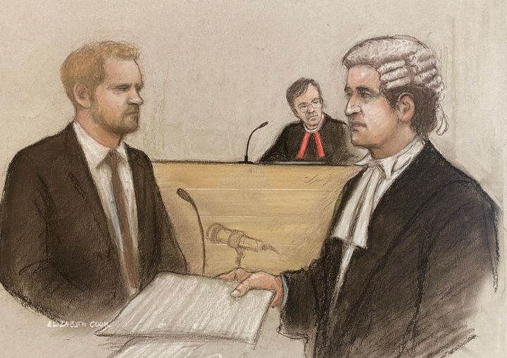 Court artist sketch by Elizabeth Cook of the Duke of Sussex (left) with his counsel David Sherborne (right) giving evidence at the Rolls Buildings in central London, with the judge, Mr Justice Fancourt (centre), looking on.