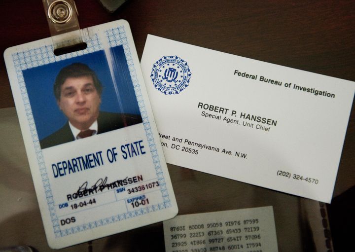 The identification and business card of former FBI agent Robert Hanssen are seen inside a display case at the FBI Academy in Quantico, Virginia. Hanssen was sentenced to life in prison without parole for spying for the Soviet Union and Russia while he worked for the FBI. 