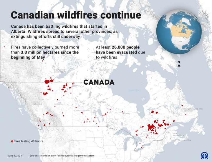 An infographic titled "Canadian wildfires continue'' created in Ankara, Turkey, on June 6. Canada has been battling wildfires that started in Alberta since the beginning of May. Wildfires spread to several other provinces, as extinguishing efforts still underway.