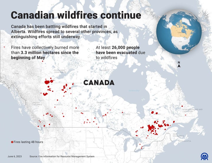 An infographic titled "Canadian wildfires continue'' created in Ankara, Turkey, on June 6. Canada has been battling wildfires that started in Alberta since the beginning of May. Wildfires spread to several other provinces, as extinguishing efforts still underway.