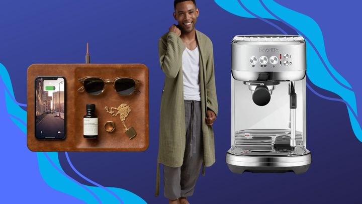 A Courant charging station and catchall, a Parachute Cloud cotton bathrobe and a Breville Bambino coffee maker.