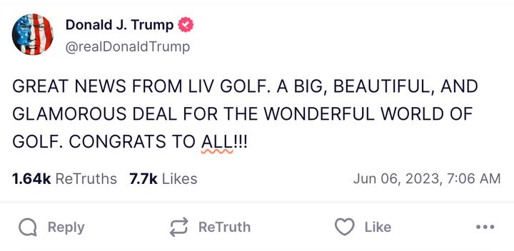 Donald Trump celebrated the PGA's merger with Saudi-funded league LIV on Tuesday in a Truth Social post.