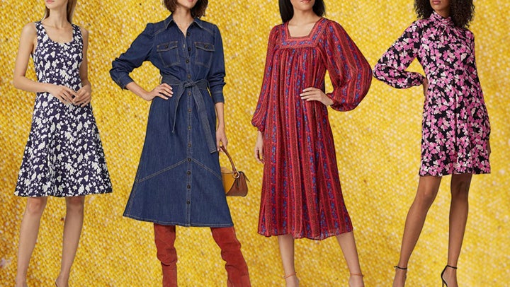 A Derek Lam Collective fit and flare dress, Derek Lam Collective denim tie front dress, ballon-sleeve boho dress by Sweet Baby Jamie and a Kate Spade smocked floral dress.