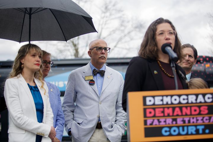 Flanked by elected officials of the Vermont House and Senate, state Rep. Emma Mulvaney-Stanak spoke at a press conference organized by Just Majority, which is campaigning for Supreme Court accountability and reform.