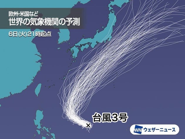 参考 世界各国の気象機関が計算した進路のシミュレーション結果