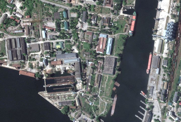 A satellite image shows a close-up view of the port facilities and industrial area before flooding, in Kherson, Ukraine, before flooding – May 15, 2023. 