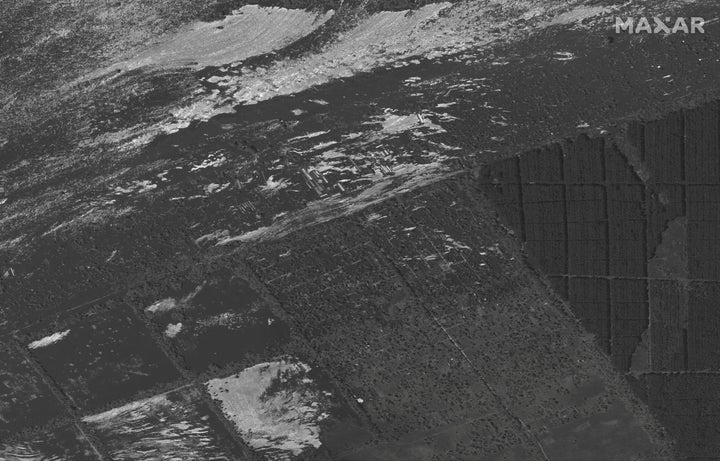 A satellite image shows the flooded village of Krynky, Ukraine, June 6, 2023.