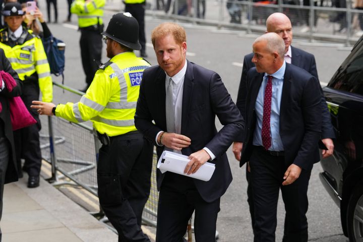 Prince Harry, Duke of Sussex, arrives to the Mirror Group Phone hacking trial at the Rolls Building at High Court on June 7, 2023 in London, England.