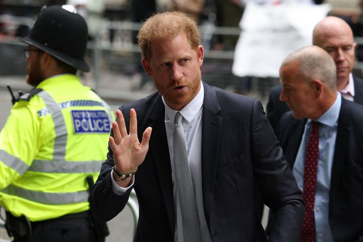 Britain's Prince Harry, Duke of Sussex, waves as he arrives to the Royal Courts of Justice, Britain's High Court, in central London on June 7, 2023. 