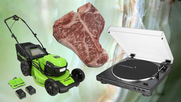 A self-propelled lawn mower, a wagyu porterhouse steak and an Audio-Technica turntable. 