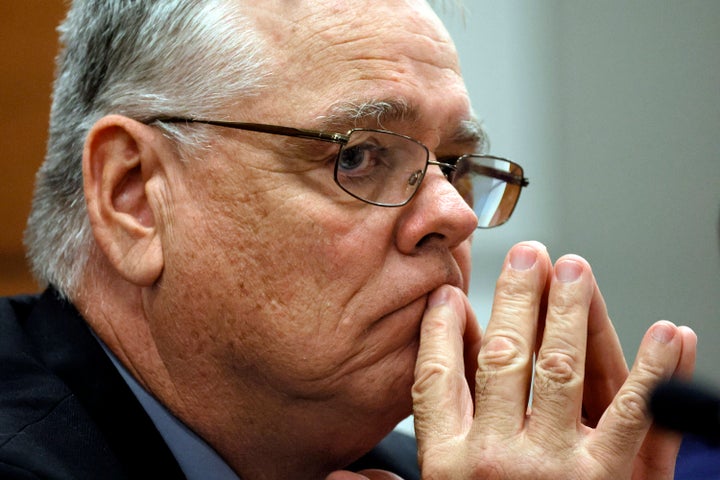 Former school resource officer Scot Peterson appears at the defense table during jury preselection at the Broward County Courthouse in Fort Lauderdale, Florida, on May 31, 2023. 