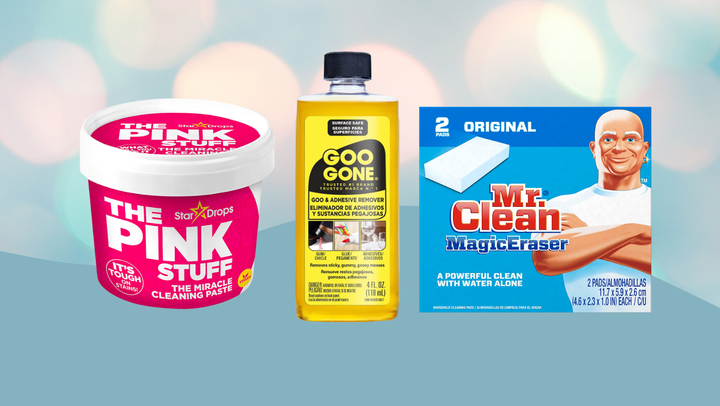 A jar of <a href="https://www.amazon.com/Pink-Stuff-Miracle-Purpose-Cleaner/dp/B00DU5SRIY?tag=lourdesuribe-20&ascsubtag=6480a749e4b06725aedd158e%2C-1%2C-1%2Cd%2C0%2C0%2Chp-fil-am%3D0%2C0%3A0%2C0%2C0%2C0" target="_blank" data-affiliate="true" role="link" data-amazon-link="true" rel="sponsored" class=" js-entry-link cet-external-link" data-vars-item-name="The Pink Stuff" data-vars-item-type="text" data-vars-unit-name="6480a749e4b06725aedd158e" data-vars-unit-type="buzz_body" data-vars-target-content-id="https://www.amazon.com/Pink-Stuff-Miracle-Purpose-Cleaner/dp/B00DU5SRIY?tag=lourdesuribe-20&ascsubtag=6480a749e4b06725aedd158e%2C-1%2C-1%2Cd%2C0%2C0%2Chp-fil-am%3D0%2C0%3A0%2C0%2C0%2C0" data-vars-target-content-type="url" data-vars-type="web_external_link" data-vars-subunit-name="article_body" data-vars-subunit-type="component" data-vars-position-in-subunit="0">The Pink Stuff</a>, <a href="https://www.amazon.com/Goo-Gone-Original-Adhesive-Stickers/dp/B001BDGDWO?tag=lourdesuribe-20&ascsubtag=6480a749e4b06725aedd158e%2C-1%2C-1%2Cd%2C0%2C0%2Chp-fil-am%3D0%2C0%3A0%2C0%2C0%2C0" target="_blank" data-affiliate="true" role="link" data-amazon-link="true" rel="sponsored" class=" js-entry-link cet-external-link" data-vars-item-name="Goo Gone" data-vars-item-type="text" data-vars-unit-name="6480a749e4b06725aedd158e" data-vars-unit-type="buzz_body" data-vars-target-content-id="https://www.amazon.com/Goo-Gone-Original-Adhesive-Stickers/dp/B001BDGDWO?tag=lourdesuribe-20&ascsubtag=6480a749e4b06725aedd158e%2C-1%2C-1%2Cd%2C0%2C0%2Chp-fil-am%3D0%2C0%3A0%2C0%2C0%2C0" data-vars-target-content-type="url" data-vars-type="web_external_link" data-vars-subunit-name="article_body" data-vars-subunit-type="component" data-vars-position-in-subunit="1">Goo Gone</a> adhesive remover and a <a href="https://www.amazon.com/Clean-Erase-Renew-Eraser-Original/dp/B006K3Q9IS?tag=lourdesuribe-20&ascsubtag=6480a749e4b06725aedd158e%2C-1%2C-1%2Cd%2C0%2C0%2Chp-fil-am%3D0%2C0%3A0%2C0%2C0%2C0" target="_blank" data-affiliate="true" role="link" data-amazon-link="true" rel="sponsored" class=" js-entry-link cet-external-link" data-vars-item-name="Mr. Clean Magic Eraser." data-vars-item-type="text" data-vars-unit-name="6480a749e4b06725aedd158e" data-vars-unit-type="buzz_body" data-vars-target-content-id="https://www.amazon.com/Clean-Erase-Renew-Eraser-Original/dp/B006K3Q9IS?tag=lourdesuribe-20&ascsubtag=6480a749e4b06725aedd158e%2C-1%2C-1%2Cd%2C0%2C0%2Chp-fil-am%3D0%2C0%3A0%2C0%2C0%2C0" data-vars-target-content-type="url" data-vars-type="web_external_link" data-vars-subunit-name="article_body" data-vars-subunit-type="component" data-vars-position-in-subunit="2">Mr. Clean Magic Eraser.</a>