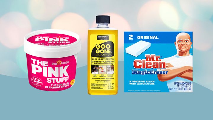 A jar of The Pink Stuff, Goo Gone adhesive remover and a Mr. Clean Magic Eraser.