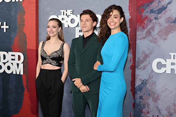 Amanda Seyfried, Tom Holland and Emmy Rossum at Apple TV+'s "The Crowded Room" premiere in New York City on June 1.
