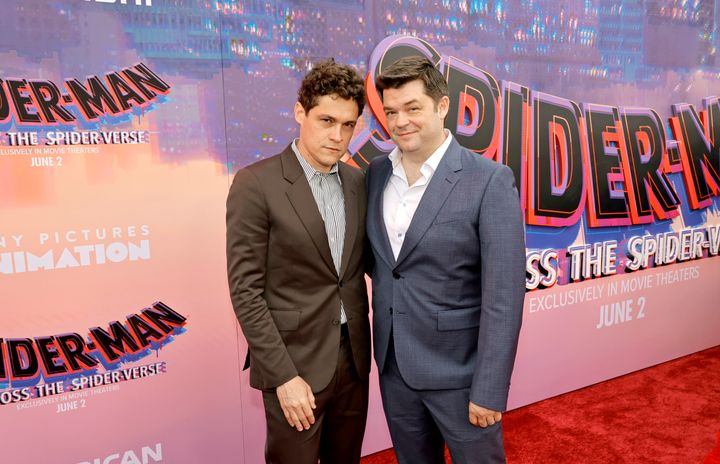 Phil Lord (left) and Chris Miller attend the world premiere of "Spider-Man: Across the Spider-Verse" at Regency Village Theatre on May 30 in Los Angeles.