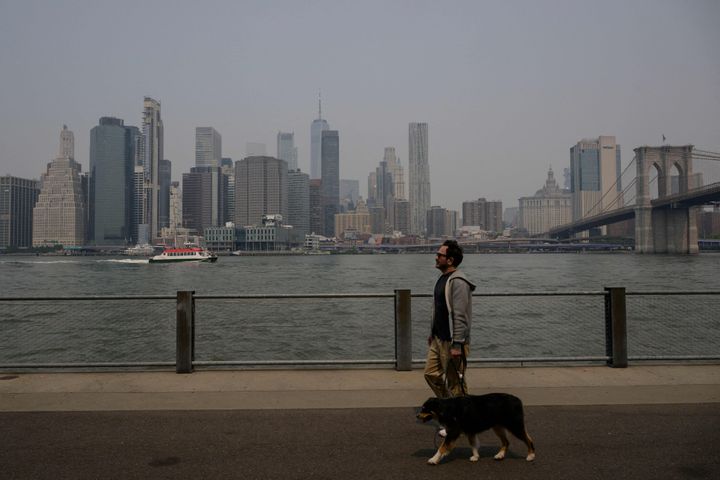 A man walks his dog in front of the skyline of lower Manhattan during heavy smog in New York City on June 7, 2023.