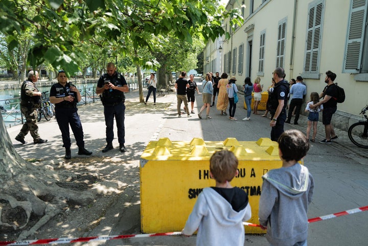 French police maintain a secure cordon in Annecy, south-eastern France on June 8, 2023, following a mass stabbing in the French Alpine town.