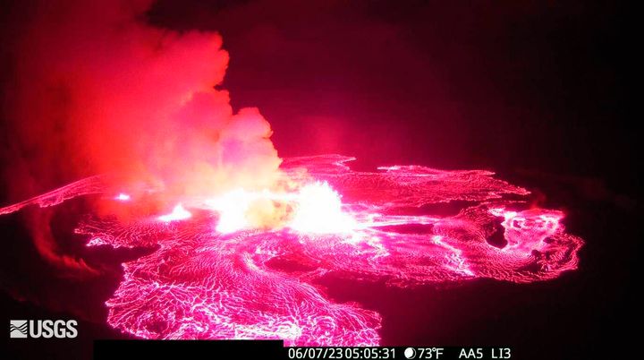 In this webcam image provided by the U.S. Geological Survey, an eruption takes place on the summit of the Kilauea volcano in Hawaii, Wednesday June 7, 2023. 