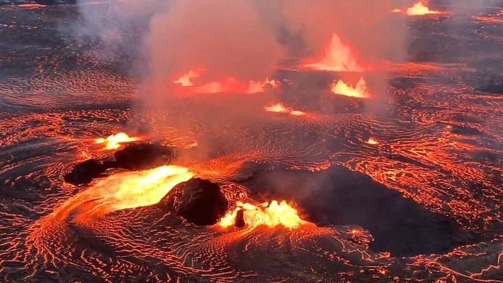 An aerial view of Kilauea volcano as it began to erupt around 4:44 a.m. on June 7, 2023 in Hawaii, United States.