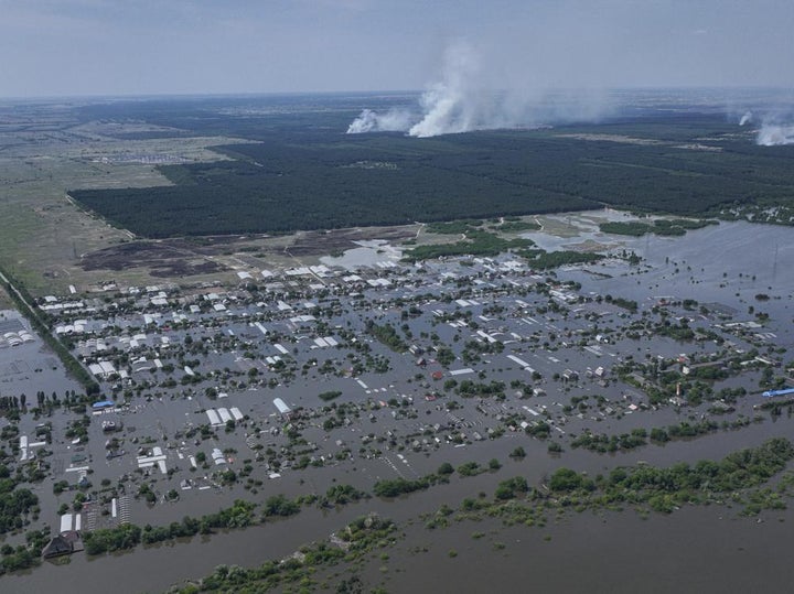 Houses are seen underwater in the flooded village of Dnipryany, in Russian-occupied Ukraine after the collapse of Kakhovka Dam.