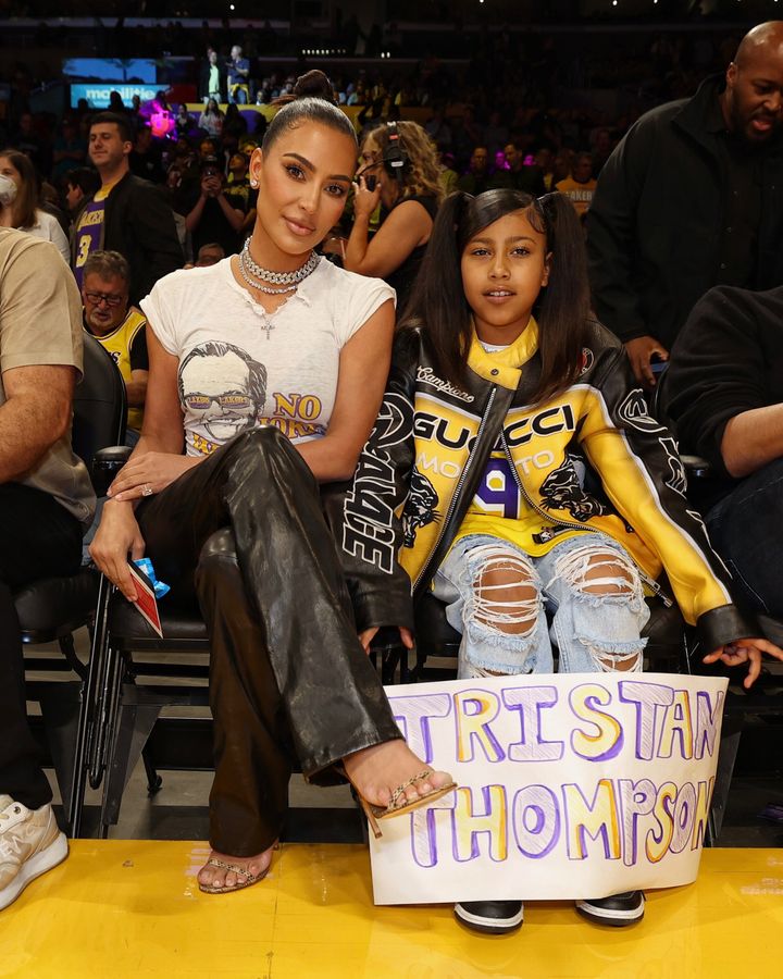 Kim Kardashian and her daughter North West pose for a photo during the 2023 NBA Playoffs between the Golden State Warriors and Los Angeles Lakers on May 12.