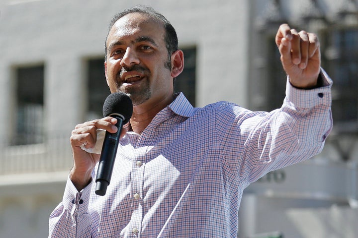 FILE - In this March 14, 2017, file photo Dilawar Syed speaks during a Tech Stands Up rally outside City Hall in Palo Alto, Calif.