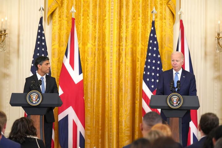 British prime minister Rishi Sunak during a joint press conference with US president Joe Biden in the East Room at the White House.