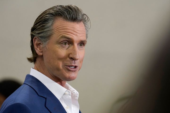 California Gov. Gavin Newsom speaks at a news conference in Sacramento, Calif., on March 16. Newsom announced Thursday, June 8, that he is proposing an amendment to the United States Constitution that would enshrine into law gun regulations, including universal background checks and raising the minimum age to buy a firearm to 21.
