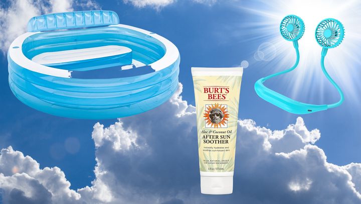 Inflatable pool, after-sun balm, and personal neck fan