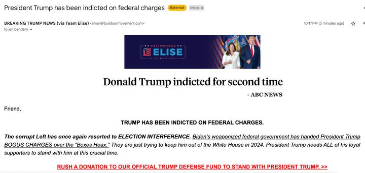 House Republican Conference Chair Elise Stefanik wasted no time fundraising off of Trump's indictment — for herself. Here's a screenshot of her email.