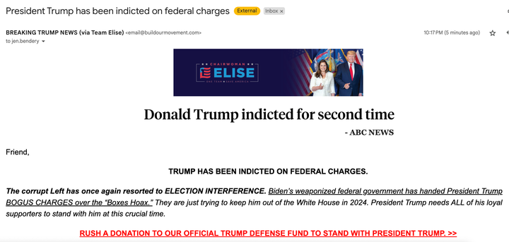 House Republican Conference Chair Elise Stefanik wasted no time fundraising off of Trump's indictment — for herself. Here's a screenshot of her email.