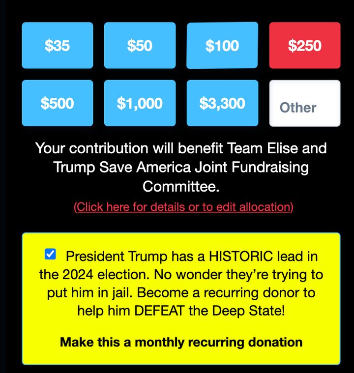 There's a tiny sentence in Elise Stefanik's fundraising email that, if you see it and click on it, will show you that most of the money you're giving to Trump is automatically set up to go to Stefanik.