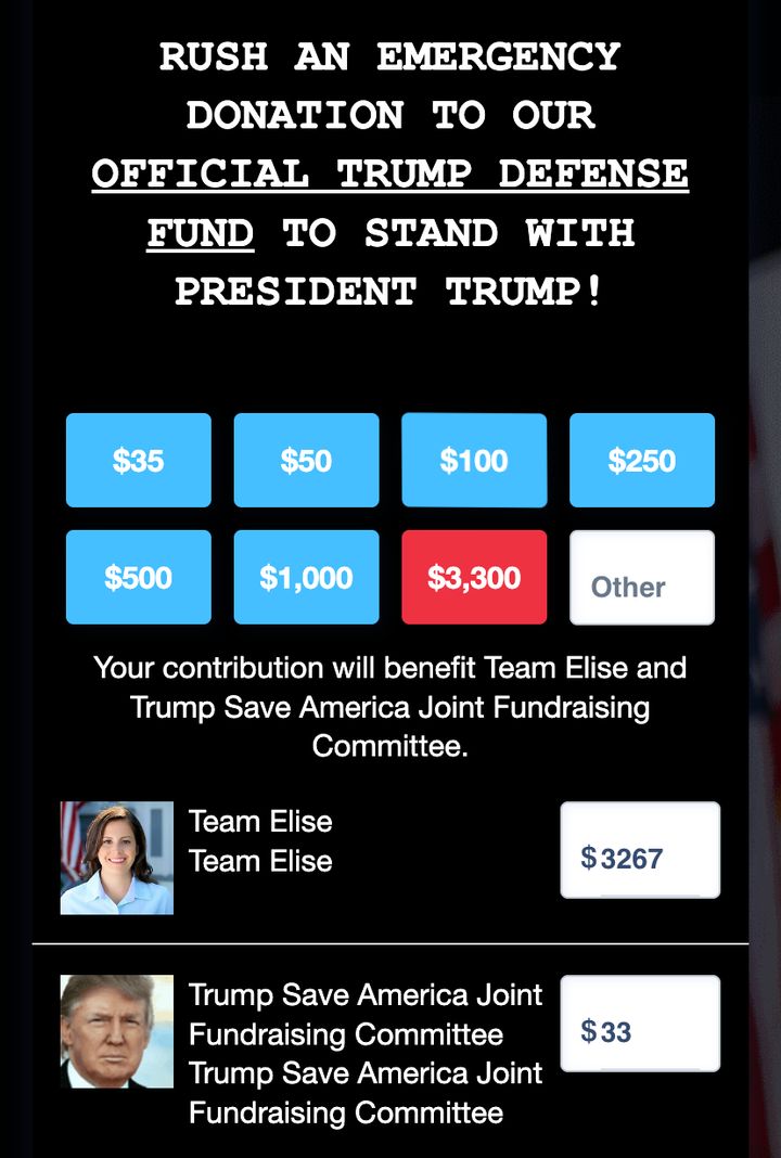 A $3,300 donation to the so-called Official Trump Defense Fund breaks down to $3,267 for Elise Stefanik and $33 for Trump.