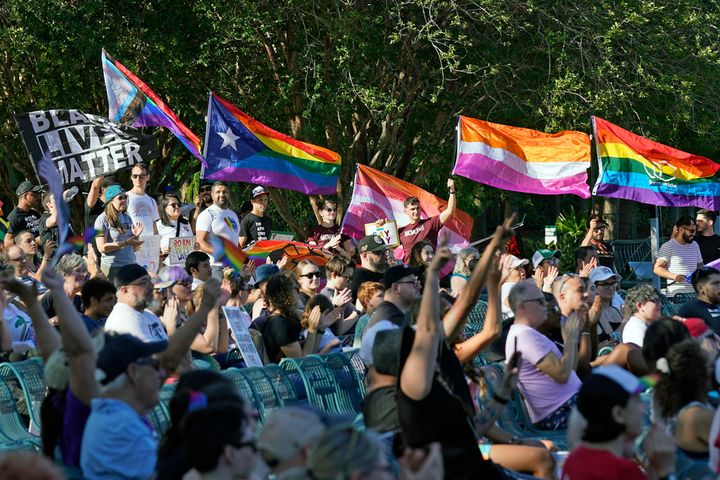 Hundreds rally and march at a Pride event in Orlando, Florida, in May.