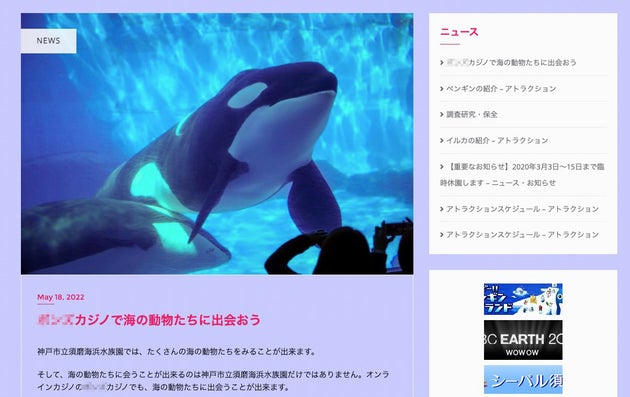 須磨海浜水族園を名乗る偽サイト。リニューアル後に開園する「神戸須磨シーワールド」の目玉展示でもあるシャチの写真が掲載されている（一部モザイク処理）
