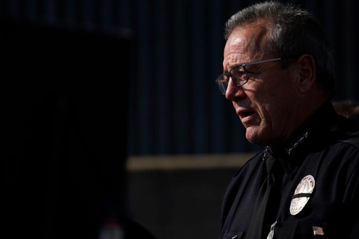 FILE - Los Angeles Police Department Chief Michel Moore speaks at a news conference, Jan. 18, 2022, in Los Angeles. A Los Angeles police sergeant and five officers broke department policy when they opened fire in 2022 on an armed man who refused to follow officers' commands, killing him, a police commission found. Chief Moore said in his internal investigation report to the commission that four other officers who opened fire on Torres were within policy. (AP Photo/Ashley Landis, File)