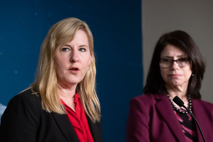 Hortman and Dziedzic are pictured at press conference laying out the priorities of the DFL majority on Jan. 4 in St. Paul, Minnesota.