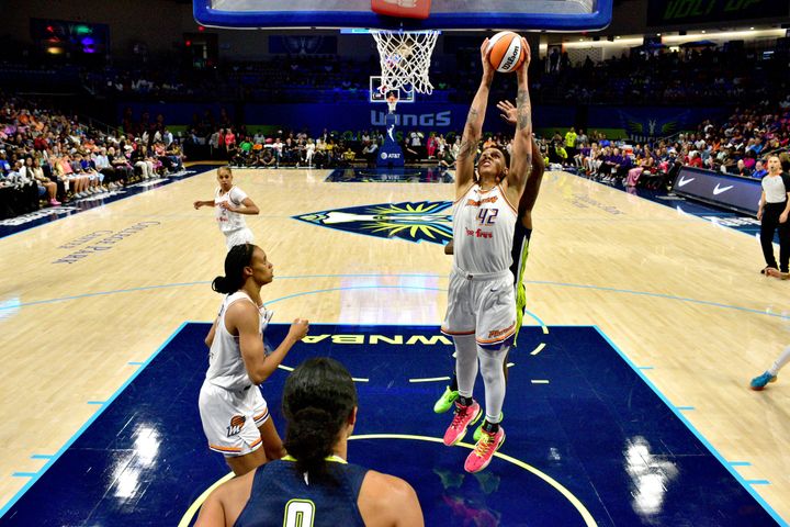 ARLINGTON, TX - June 9: Brittney Griner #42 of the Phoenix Mercury grabs the rebound during the game against the Dallas Wings on June 9, 2023 at the College Park Center in Arlington, Texas. NOTE TO USER: User expressly acknowledges and agrees that, by downloading and or using this photograph, user is consenting to the terms and conditions of the Getty Images License Agreement. Mandatory Copyright Notice: Copyright 2023 NBAE (Photos by Michael Gonzales/NBAE via Getty Images)