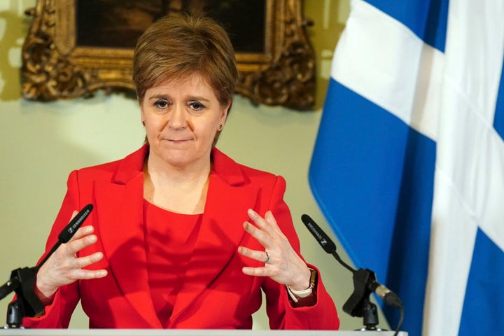 Nicola Sturgeon speaks during a press conference at Bute House in Edinburgh, Wednesday, Feb. 15 2023. Former Scottish First Minister Nicola Sturgeon has been arrested by police investigating the finances of Scotland's pro-independence governing party. Police Scotland said a 52-year-old woman was detained Sunday “as a suspect in connection with the ongoing investigation into the funding and finances of the Scottish National Party.” (Jane Barlow/Pool photo via AP, File)