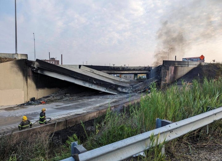 A general view shows the partial collapse of Interstate 95 after a fire underneath an overpass in Philadelphia, Pennsylvania, on Sunday. 