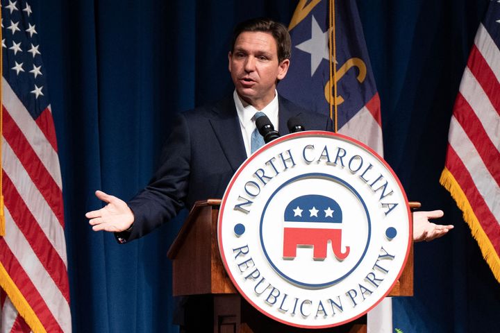 Florida governor and 2024 presidential candidate Ron DeSantis speaks at the North Carolina Republican Party Convention in Greensboro, North Carolina, on Friday. DeSantis has refrained from criticizing his GOP rival over the indictment.