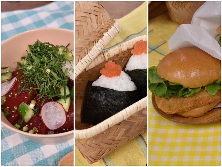 左から、代替マグロ丼、代替明太子おにぎり、代替フィッシュカツバーガー