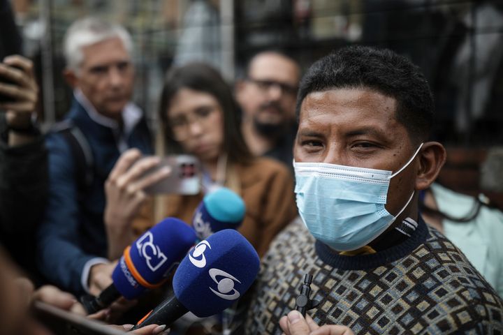 Manuel Ranoque, the father of two of the youngest Indigenous children who survived an Amazon plane crash that killed three adults, and then braved the jungle for 40 days before being found alive, speaks to the media from the entrance of the military hospital where the children are receiving medical attention, in Bogota, Colombia, on June 11, 2023.